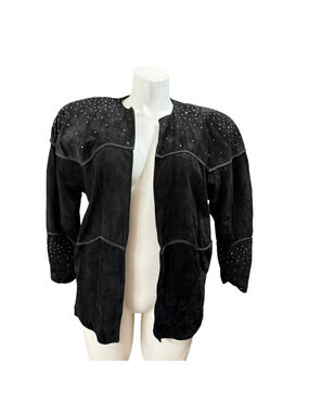 Vintage Positano Pelle Black Suede Leather Jacket S Rhinestone Western Made USA